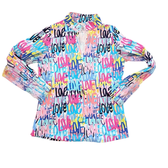 Ibkul Pullover Top Womens Small Colorful LOVE Quarter Zip Long Sleeve Golf - Picture 1 of 7